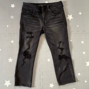 American Eagle black washed distressed crop Jean